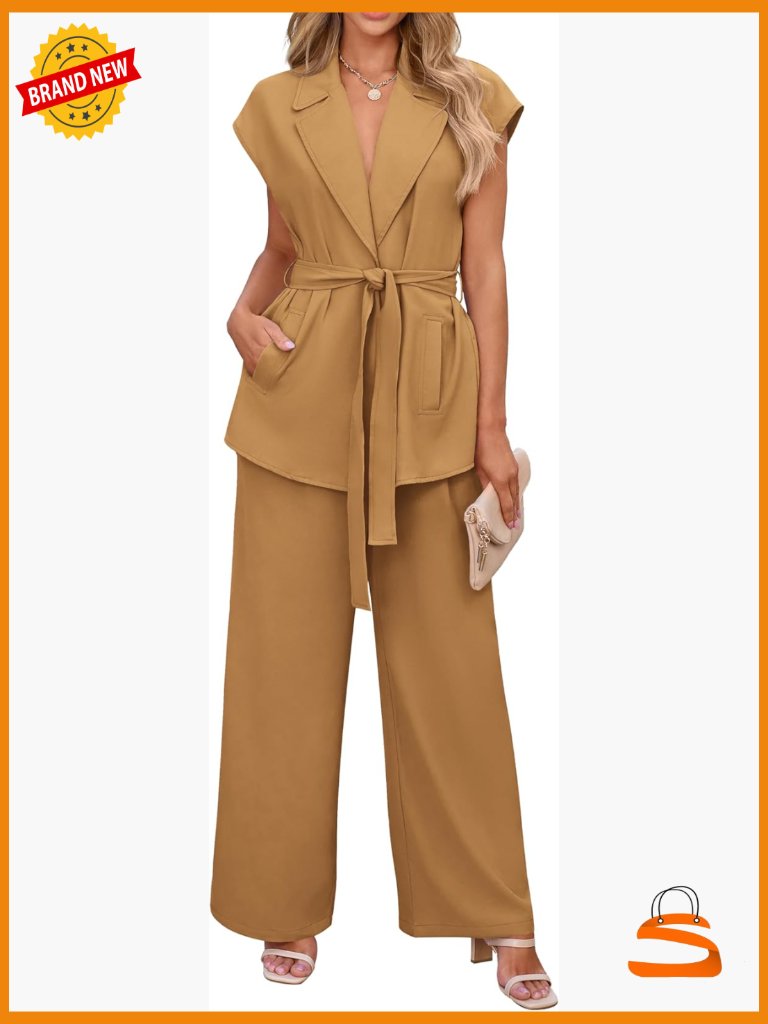 Cap Sleeve Blazer Vest Wide Leg Pant Set 2 Piece Outfits